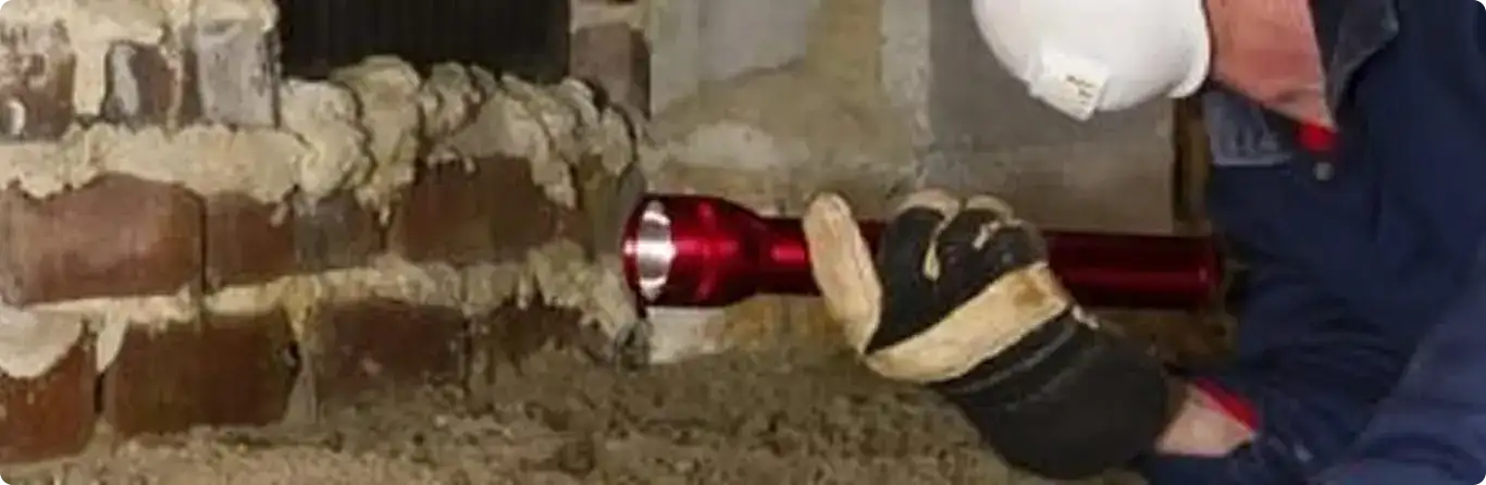 Pest control technician inspecting a crawl space for ant activity in Clayton, OH