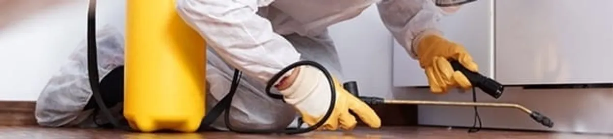 Roach exterminator treating cracks and crevices along kitchen baseboards in Dayton, OH